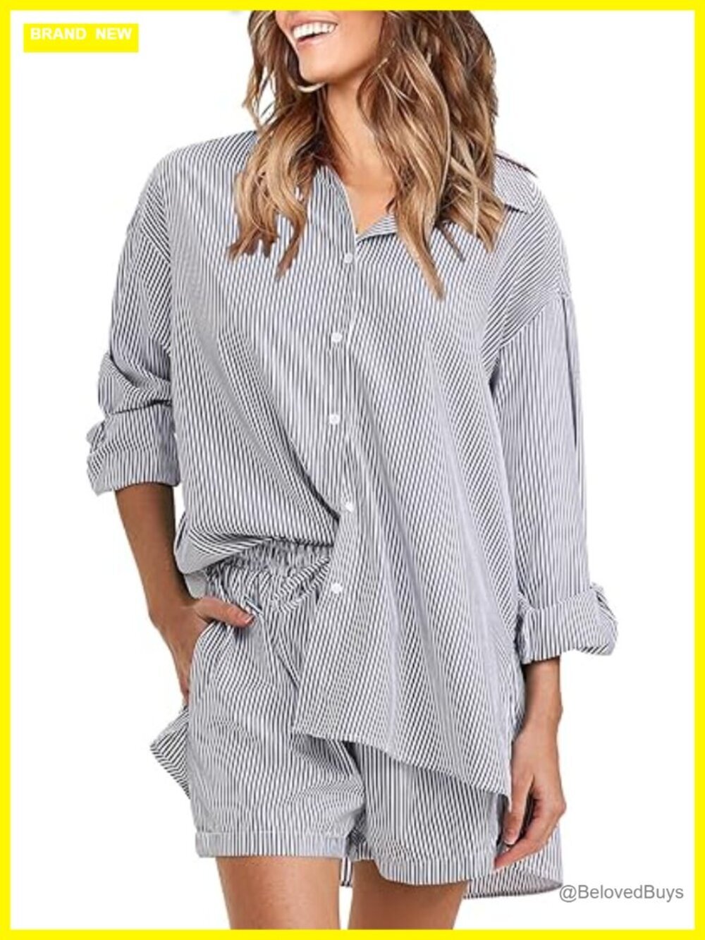 Cotton Two Piece Set Long Sleeve Button Down Shirt with Shorts Beach Vacation